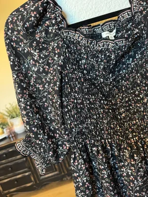 Max Studio Women's Black Floral Smocked Square Neck Peplum Blouse Size L thumbnail 2