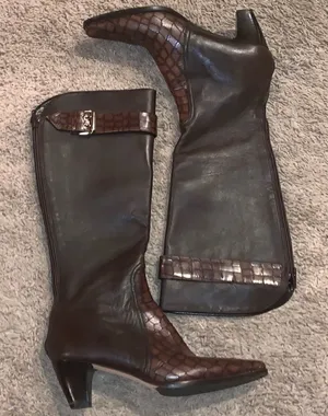 Prevata Brown Diana Leather Croc Heeled Boots thumbnail 1