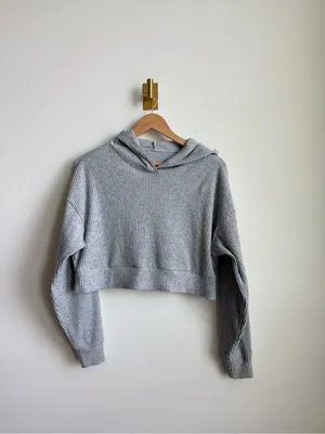 Alo Yoga Muse Cropped Ribbed Hoodie Gray Women's Medium Relaxed Fit thumbnail 3
