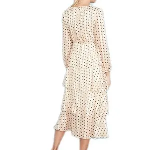 $168 NWOT O.P.T. Women's Beige V-Neck Long Sleeve Tiered Polka Dot Dress Size XS thumbnail 4