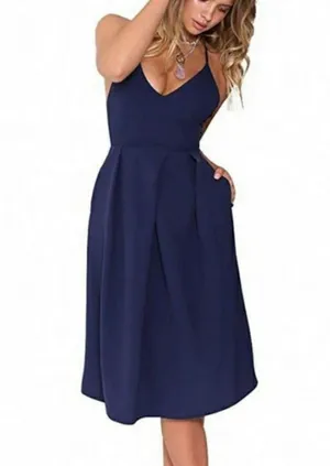 Elia Cher NEW Blue Spaguetti Strap Sexy Open Back Pocket Dress Size L thumbnail 2