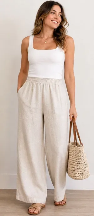 Happily Grey Cream Linen Blend Wide Leg Pants High Rise Flowy Sz L thumbnail 1