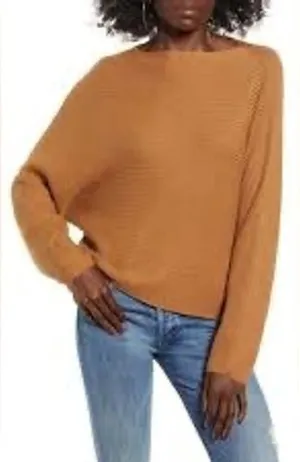 Leith Womens Cognac Brown Ribbed Batwing Boat Neck Pullover Sweater Small‎ thumbnail 1