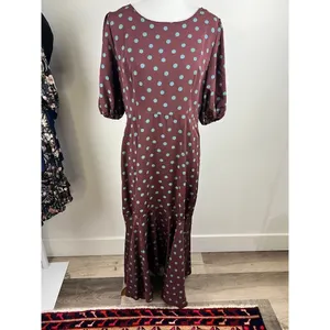 Bobeau Polka Dot Dara Midi Dress Puff Sleeve Ruffle Hem Burgundy Teal Size M thumbnail 11