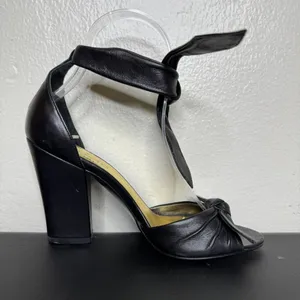 Coach Black Leather Peep-Toe Heels, Ankle Tie, 3.5" Block Heel, Size 6B thumbnail 3