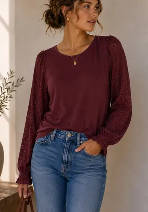 Madewell Texture & Thread Burgundy Knit Puff Sleeve Sweater Womens M Fall Eyelet thumbnail 1