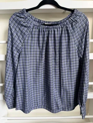 Loft Outlet Plaid Long Sleeve Blouse Purple Green Elastic Neck Top Medium thumbnail 1