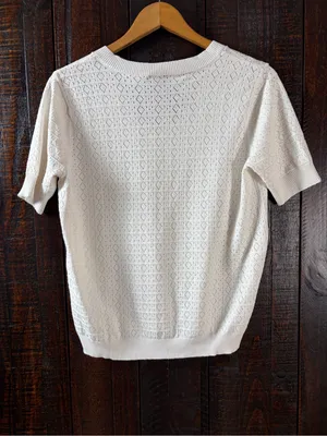 Splendid Cream Short-Sleeve Pointelle V-Neck Sweater Knit Top Medium thumbnail 6