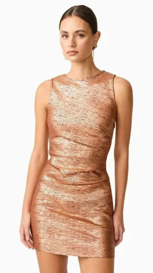 ELLIATT Rhian Metallic Ruched Mini Dress Rust Copper Bronze Bodycon XS Cocktail thumbnail 1