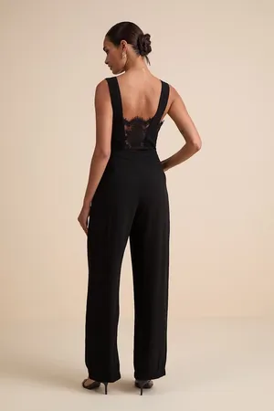 Lulus Kiska Black Lace Plunge V-Neck Wide Leg Jumpsuit Sleeveless Size Large thumbnail 3