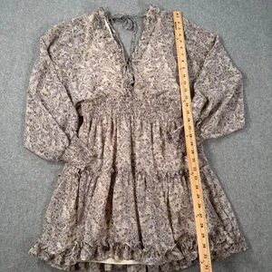 Love ya Bunches Floral V-Neck Long Sleeve Mini Dress Size Medium Ruffle Purple thumbnail 4