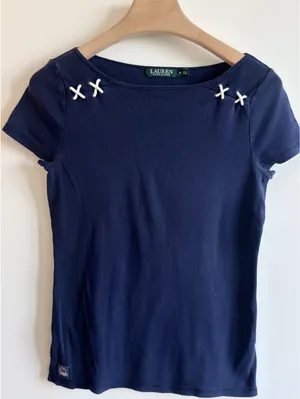 Lauren Ralph Lauren Navy Nautical Rope Detail Cotton T Shirt Top Women’s M thumbnail 1