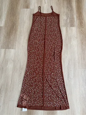 NWT SHEIN Brown Rhinestone Embellished Spaghetti Strap Net Midi Dress Size Large thumbnail 5