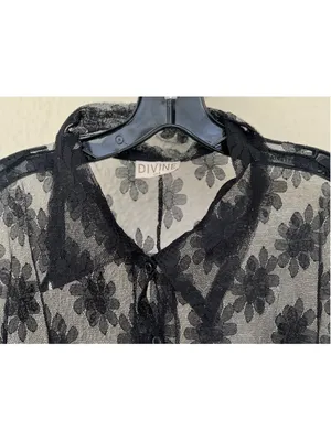 VTG Divine USA Sheer Floral Mesh Button Front Collar Shirt L Dark Coquette Goth thumbnail 2