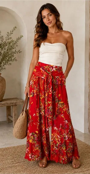 Free People Red Floral Wide Leg Pants Size M Boho High Rise Rayon thumbnail 1