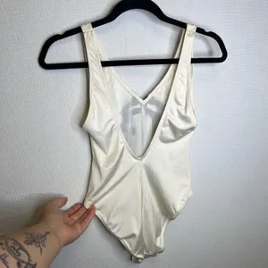 Christian Dior Vintage Logo One Piece Swimsuit Cream Black High Cut USA 34 Italy thumbnail 3
