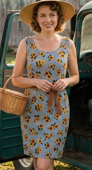 Cosmopolitan Sunflower Gingham Sheath Dress Blue White Floral Retro Size 2 thumbnail 1