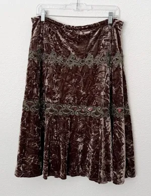 [Vintage] 90s Y2K Crushed Velvet Lace Fairycore Whimsigoth Boho Midi Skirt Sz 12 thumbnail 1