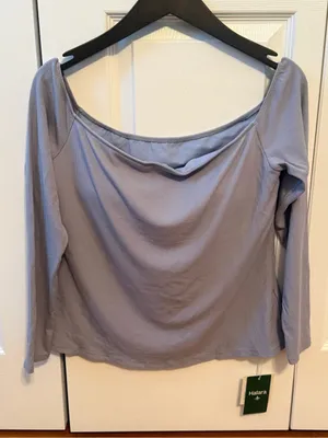 Halara Ribbed Knit Off Shoulder Long Sleeve 2-in-1 Casual Top in Dusty Blue thumbnail 2
