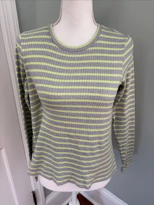American Eagle Outfitters Gray and Lime Green Striped Long Sleeve Top Small thumbnail 1