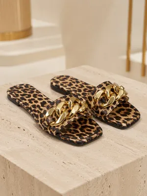Women’s Leopard Print Gold Chain Slide Sandals Square Toe Flats NWT thumbnail 3