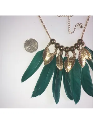 Gold Tone & Green Feather Beaded Boho Statement Necklace thumbnail 5