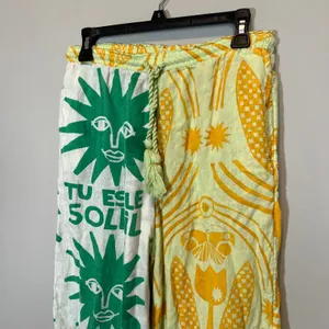 Anisa Anthropologie Soleil Wide Leg Sun Print Tassel Pants Green Yellow XS thumbnail 3