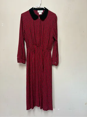 Vintage 90s Red Black Check Velvet Collar Maxi Dress Whimsigoth Grunge L thumbnail 11