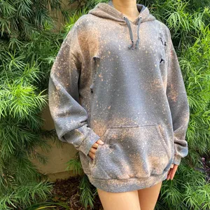 Distressed Stained Gray Destroyed long sleeve pullover Hoodie Size L thumbnail 2