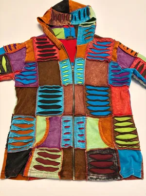 Rising International Patchwork Hoodie Women Large Multicolor Razor Cut Boho Zip thumbnail 1