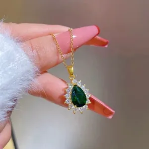 18K Gold Plated Crystal Teardrop Emerald Pendant Necklace for Women thumbnail 5