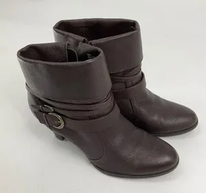 St. Johns Bay Womens 9M Brown Leather Ankle Boots Stacked Heel & Buckle Details thumbnail 9