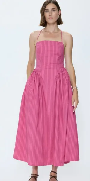 Pistola Sadee Open Back Midi Dress Magenta Pink Stripe Cotton Summer Sundress L thumbnail 1