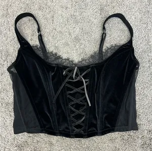 Victoria Secret black velvet corset top with mesh sides‎ and lace detailing thumbnail 1
