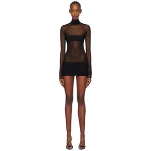 MONOT Contrasting Bands Mini Dress in Black 2 New Womens Sheer Panel Long Sleeve thumbnail 13