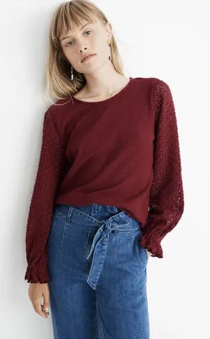 Madewell Maroon Texture & Thread Eyelet Mix Ruffle-Sleeve Top thumbnail 1