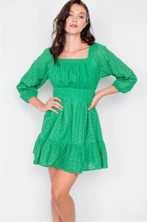 Hummingbird Kelly Green Lace Floral Eyelet Mini Frill Dress Size L thumbnail 1