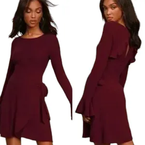 Lulus Favorite Tune Faux Wrap Sweater Dress in Burgundy Size Medium thumbnail 2