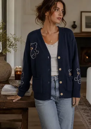 Cardigan Sweater Women Medium Navy Blue Teddy Bear‎ Embroidered Cozy thumbnail 1