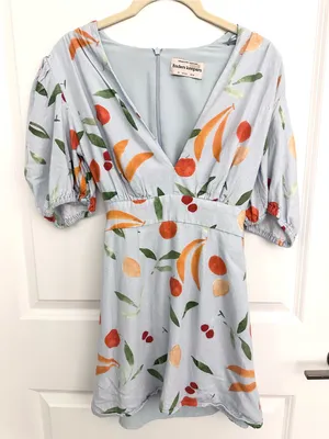 Finders Keepers Calypso Light Blue Fruit Print Puff Sleeve Mini Dress XS thumbnail 6