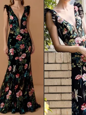 NWT Mac Duggal Embroidered Floral Plunge Neck Trumpet Gown Black Multi Size 10 thumbnail 2
