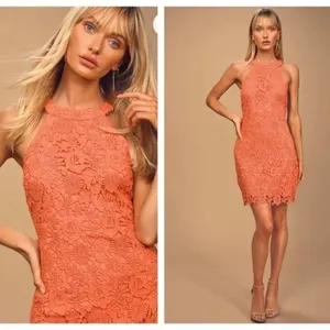 Lulus‎ Love Poem bright coral orange lace mini dress, size S, NWT thumbnail 11