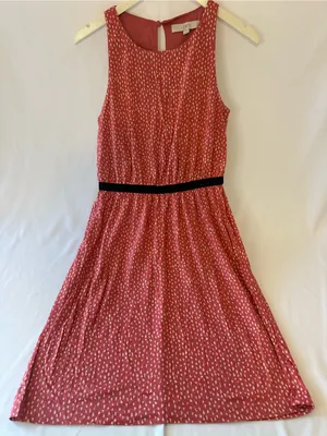 LOFT Coral Pink Printed Midi Dress with Black Waistband thumbnail 1