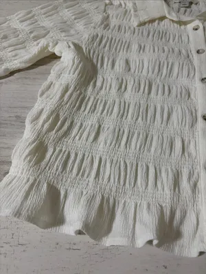 Anthropologie Maeve Cream Smocked Ruffle-Cuff Collared Top Size Large thumbnail 6