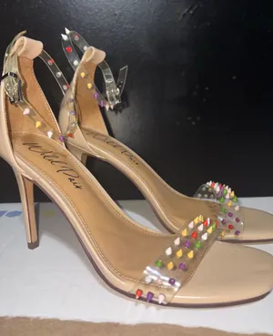 NWOT Nude Patent High Heels with Clear Studded Straps Tan Size 9 thumbnail 1