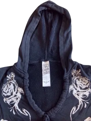 Y2K Crash & Burn Skull Rhinestone Short Sleeve Hoodie Black Size S vintage thumbnail 3