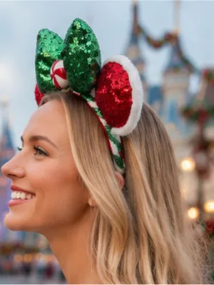 Disney Minnie Mouse ear Christmas headband -red sequin ears + green sequin bow thumbnail 7
