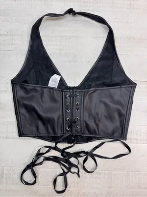 PU Leather Crop Top Women's Hook Eye Backless Halterneck NWOT size Xlarge thumbnail 2