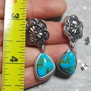 Vintage women silver plated Turquoise Dangle Drop Hoop Earrings thumbnail 3