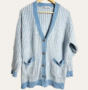ZARA Blue Chunky Oversized Tweed Striped Button Cardigan Sweater Size S thumbnail 4